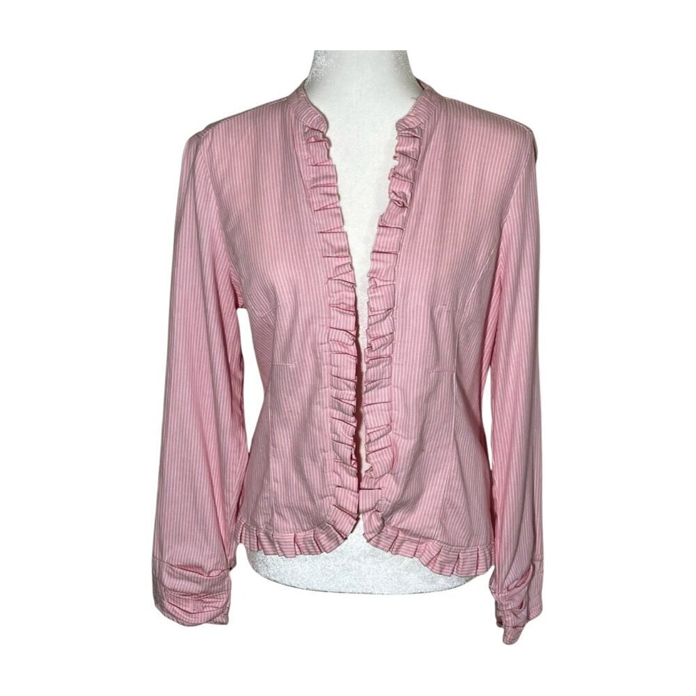 LIVE A LITTLE Pink White Stripe Ruffle Trim Blazer Fitted Size Medium